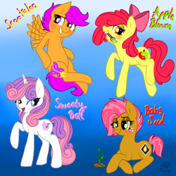 Size: 600x600 | Tagged: safe, artist:mc10215, apple bloom, babs seed, scootaloo, sweetie belle, blushing, cutie mark crusaders, older