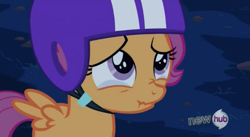 Size: 633x347 | Tagged: safe, screencap, scootaloo, sleepless in ponyville, crying, hub logo, sad, scrunchy face