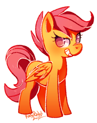 Size: 470x591 | Tagged: safe, artist:raidouraidou, scootaloo, pegasus, female, filly, orange coat, purple mane, solo