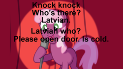 Size: 952x536 | Tagged: safe, cheerilee, earth pony, pony, cheerilee pun, curtain, exploitable meme, female, green eyes, latvian joke, mare, meme, microphone, open mouth, smiling, solo, spotlight, text, two toned mane, two toned tail