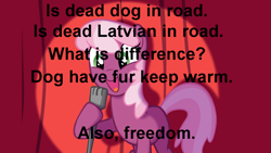 Size: 952x536 | Tagged: safe, cheerilee, earth pony, pony, cheerilee pun, curtain, exploitable meme, female, green eyes, latvian joke, mare, meme, microphone, open mouth, smiling, solo, spotlight, text, two toned mane, two toned tail