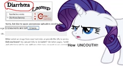 Size: 1164x627 | Tagged: safe, derpibooru import, screencap, rarity, pony, unicorn, derpibooru, implied diarrhea, uncouth