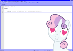 Size: 1054x741 | Tagged: safe, artist:drewklettke, sweetie belle, pony, unicorn, c, female, filly, gritted teeth, heart eyes, i really like her mane, looking at you, notepad++, programming, pun, simple background, smiling, solo, vector, white background, windows