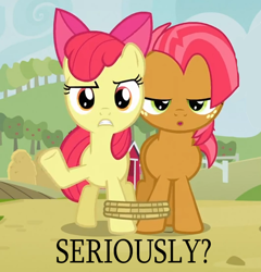 Size: 530x553 | Tagged: safe, apple bloom, babs seed, earth pony, pony, apple family reunion, cropped, duo, raised hoof, seriously, seven-legged race