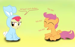 Size: 1440x900 | Tagged: safe, artist:bpie, apple bloom, scootaloo, bunny bloom, bunny costume, clothes, laughing