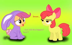 Size: 1440x900 | Tagged: safe, artist:bpie, apple bloom, scootaloo, bunny costume, bunnyloo, clothes