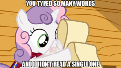 Size: 480x270 | Tagged: safe, edit, edited screencap, screencap, sweetie belle, pony, unicorn, one bad apple, animated, cape, caption, clubhouse, cmc cape, didn't read, female, filly, foal, gif, image macro, meme, paper, reaction image, text, tl;dr