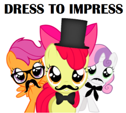 Size: 409x366 | Tagged: safe, apple bloom, scootaloo, sweetie belle, earth pony, pegasus, pony, unicorn, bowtie, cutie mark crusaders, female, filly, glasses, hat, moustache, top hat