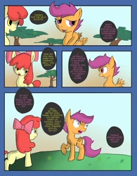 Size: 2511x3226 | Tagged: safe, artist:juanrock, apple bloom, scootaloo, earth pony, pegasus, pony, comic:element of loyalty, :o, comic, dialogue, female, filly, frown, lidded eyes, looking back, open mouth, raised hoof, scootalove, smiling, speech bubble, wide eyes