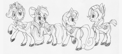 Size: 1000x447 | Tagged: safe, artist:xenon, apple bloom, babs seed, scootaloo, sweetie belle, cutie mark crusaders, monochrome, sketch, unshorn fetlocks