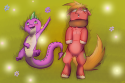 Size: 1280x853 | Tagged: safe, artist:furfit, big macintosh, spike, dragon, earth pony, pony, male, stallion, sunset