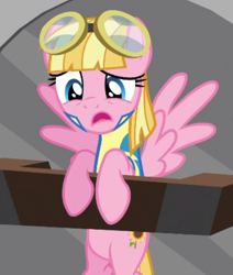 Size: 562x664 | Tagged: safe, screencap, meadow flower, pegasus, pony, wonderbolts academy, cropped, dizzitron, female, goggles, mare, solo, wonderbolt trainee uniform