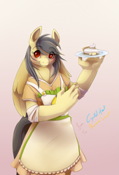 Size: 815x1200 | Tagged: safe, artist:crystalheart, oc, oc only, oc:banana scent, anthro, anthro oc, apron, clothes, gradient background, pie, solo