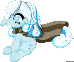 Size: 2985x2489 | Tagged: safe, artist:an-m, oc, oc only, oc:snowdrop, pegasus, pony, chest fluff, cloak, clothes, ear fluff, female, filly, floppy ears, leg fluff, simple background, sitting, solo, transparent background