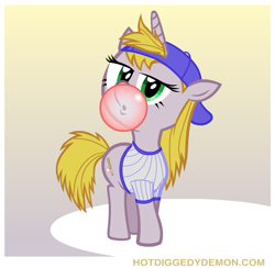 Size: 805x786 | Tagged: safe, artist:hotdiggedydemon, oc, oc only, unicorn, backwards ballcap, baseball cap, bubblegum, cap, clothes, female, hat, janet junior, mare, shirt