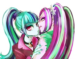 Size: 900x689 | Tagged: safe, artist:susu, aria blaze, sonata dusk, equestria girls, rainbow rocks, arisona, female, lesbian, shipping, tsundaria, tsundere