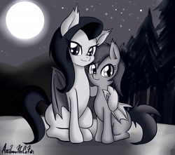 Size: 1922x1700 | Tagged: safe, artist:anibaruthecat, oc, oc only, oc:astral song, oc:moon shadow, bat pony, pony, commission, cute, grayscale, monochrome, moon, outdoors