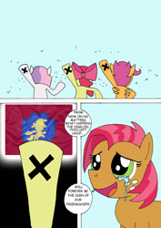 Size: 900x1270 | Tagged: safe, artist:lightdegel, apple bloom, babs seed, scootaloo, sweetie belle, comic, crying, cutie mark crusaders, dialogue, one piece, parody