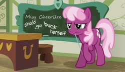 Size: 1600x930 | Tagged: safe, artist:blackgryph0n, edit, cheerilee, chalkboard, meme, ponyville schoolhouse, solo