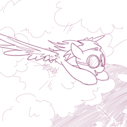 Size: 700x700 | Tagged: safe, artist:goat train, oc, oc only, oc:cumulonimbus, cloud, cloudy, flying, goggles, monochrome, sketch, solo, weather control