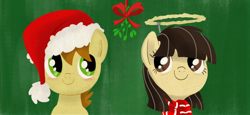 Size: 800x367 | Tagged: dead source, safe, artist:sibsy, wild fire, oc, oc:mandopony, mandofire, mistletoe, shipping, sibsy