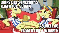Size: 960x540 | Tagged: safe, edit, edited screencap, screencap, flam, flim, the super speedy cider squeezy 6000, caption, flim flam brothers, hoof hold, looks like somepony's, mug, sofa, text