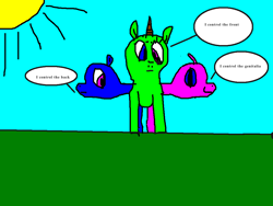 Size: 1024x768 | Tagged: safe, artist:parp, oc, oc only, cerberus, cerderprus, dialogue, lol, ms paint, multiple heads, stylistic suck, three heads, three-headed pony