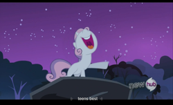 Size: 1680x1021 | Tagged: safe, screencap, sweetie belle, sleepless in ponyville, hub logo, youtube caption