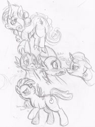 Size: 900x1206 | Tagged: safe, artist:enigmaticfrustration, spike, sweetie belle, oc, dracony, dragon, hybrid, magical lesbian spawn, offspring, parent:apple bloom, parent:scootaloo, parent:spike, parent:sweetie belle, parents:scootabloom, parents:spikebelle, pencil drawing, shipping, spikebelle, traditional art