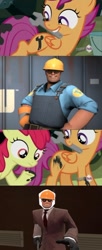 Size: 500x1223 | Tagged: safe, apple bloom, scootaloo, one bad apple, crossover, engineer, exploitable meme, irony, long neck, meme, nope.avi, oops, spy, team fortress 2, wrench