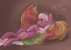 Size: 872x621 | Tagged: safe, artist:steeve, big macintosh, cheerilee, earth pony, pony, cheerimac, eyes closed, heart, male, on back, shipping, stallion, straight