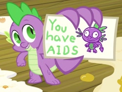 Size: 2048x1536 | Tagged: safe, edit, edited screencap, screencap, spike, dragon, spike at your service, aids, exploitable meme, hiv, male, spike card meme