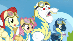 Size: 576x324 | Tagged: safe, screencap, bulk biceps, cool star, dizzy twister, orange swirl, star hunter, starburst (character), pegasus, pony, wonderbolts academy, angry, animated, background pony, disgusted, female, male, mare, reaction image, roid rage, shock, stallion, wonderbolt trainee uniform