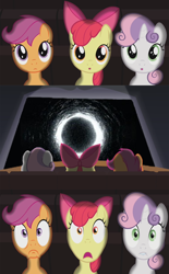 Size: 372x600 | Tagged: safe, apple bloom, scootaloo, sweetie belle, pony, one bad apple, exploitable meme, foal, meme, shocked, the ring, theater meme