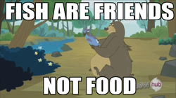 Size: 1280x718 | Tagged: safe, bear, fish, sleepless in ponyville, caption, finding nemo, hub logo, image macro