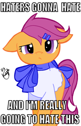 Size: 700x1082 | Tagged: safe, artist:kiddysa-bunnpire, scootaloo, caption, clothes, haters gonna hate, image macro, solo