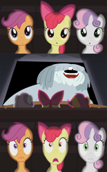 Size: 800x1290 | Tagged: safe, apple bloom, scootaloo, sweetie belle, pony, exploitable meme, foal, meme, niblet, pound puppies, secret butt fun, theater meme