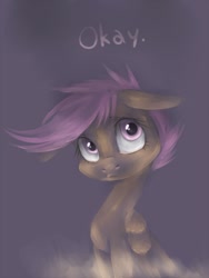 Size: 1000x1332 | Tagged: safe, artist:coffeechicken, scootaloo, pegasus, female, filly, orange coat, purple mane, solo