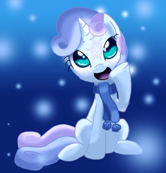 Size: 900x936 | Tagged: safe, artist:fethur, sweetie belle, pony, unicorn, clothes, scarf, snow, snowfall, snowflake, solo, winter