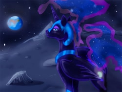 Size: 800x600 | Tagged: safe, artist:mylittlegodzilla, nightmare moon, alicorn, pony, black coat, female, horn, mare, moon, solo, wings