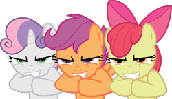 Size: 6060x3502 | Tagged: safe, artist:the-crusius, apple bloom, scootaloo, sweetie belle, absurd resolution, cutie mark crusaders, evil grin, grin, rapeface, simple background, transparent background, vector