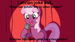 Size: 1008x567 | Tagged: safe, cheerilee, earth pony, pony, cheerilee pun, curtain, exploitable meme, female, green eyes, latvian joke, mare, meme, microphone, open mouth, pun, smiling, solo, spotlight, text, two toned mane, two toned tail