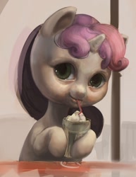 Size: 656x850 | Tagged: dead source, safe, artist:php90, sweetie belle, cursed image, hoof hold, looking at you, milkshake, nightmare fuel, realistic, smiling, so much nope, solo, terrifying, uncanny valley