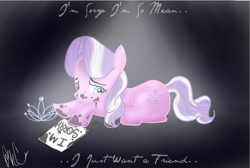 Size: 1023x686 | Tagged: safe, artist:xlightningtwisterx, diamond tiara, pony, crying, harsher in hindsight, sad, text