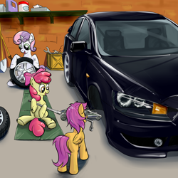 Size: 1200x1200 | Tagged: safe, artist:cyb3rwaste, artist:fiarel, apple bloom, scootaloo, sweetie belle, car, car jack, cutie mark crusaders, garage, mitsubishi, mitsubishi lancer