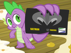 Size: 800x600 | Tagged: safe, edit, edited screencap, screencap, spike, dragon, spike at your service, bat credit card, batman, card, male, nostalgia critic, spike card meme