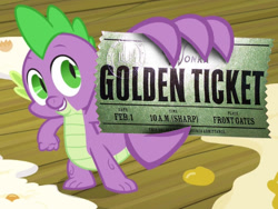 Size: 1200x900 | Tagged: safe, edit, edited screencap, screencap, spike, dragon, spike at your service, exploitable meme, golden ticket, male, spike card meme, willy wonka