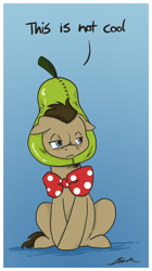 Size: 336x600 | Tagged: safe, artist:caycowa, doctor whooves, pony, dialogue, doctor who, male, pear, sitting, solo, stallion