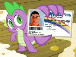 Size: 900x675 | Tagged: safe, edit, edited screencap, screencap, spike, dragon, spike at your service, exploitable meme, id card, male, mclovin, spike card meme, superbad