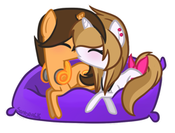 Size: 813x617 | Tagged: safe, artist:sandra626, oc, oc only, pony, unicorn, blushing, bow, cushion, earring, female, freakii, headphones, justcola, kissing, male, necklace, pillow, shipping, straight